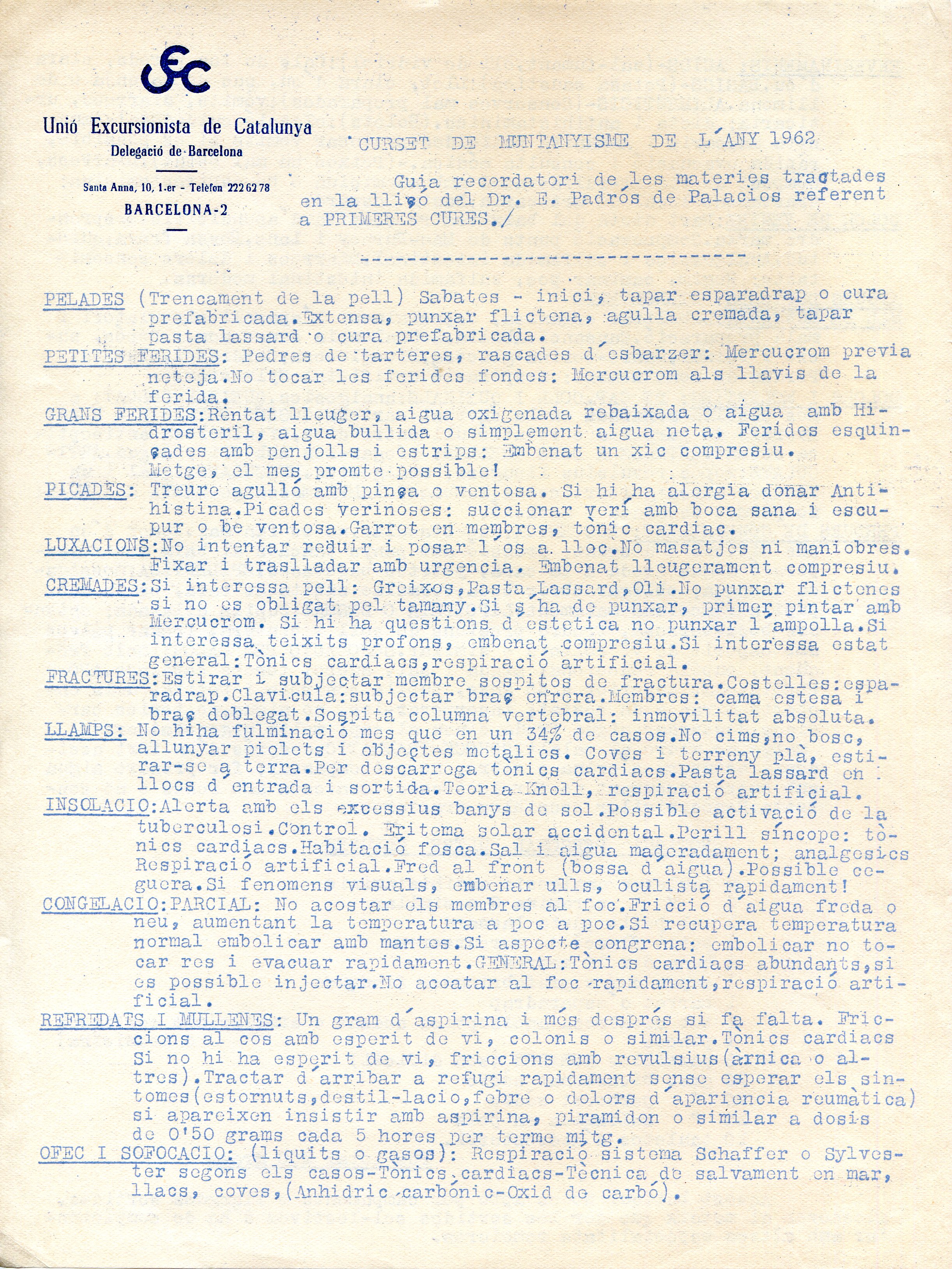 Curset de muntanyisme de l'any 1962 : Guia recordatori de les matèries tractades en la lliçó del Dr. E. Padrós de Palacios referent a primeres cures - Portada